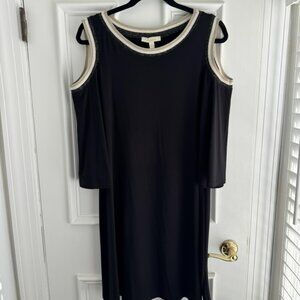 Prelude Black, Cream, and Gold Peek-a-boo Shoulder Dress